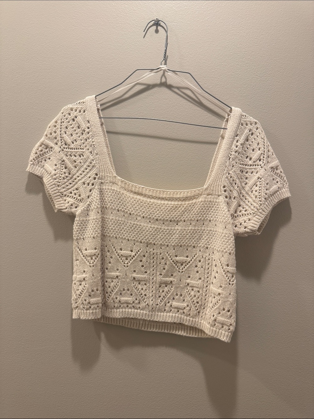 Freshman Cream Crochet Knit Square-Neck Crop Top